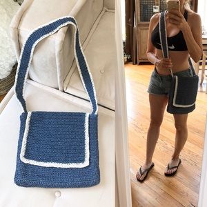 Blue Woven Raffia Crossbody Bag